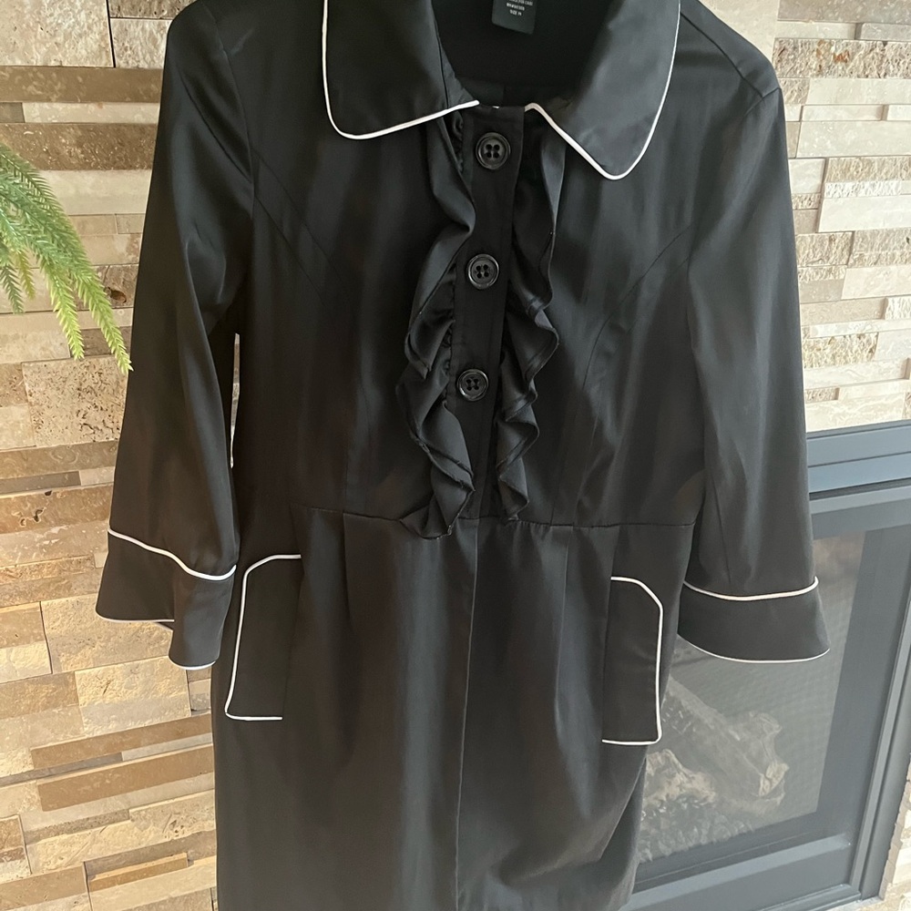 Black and White Trench Coat with Ruffled Front and Piping